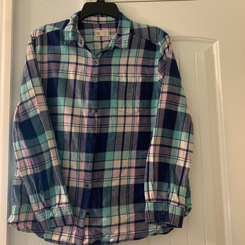Lot of 2 Plaid girls juniors size large long sleeve shirts